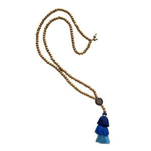 Long Wood Bead Necklace with Blue Tassel Adornment